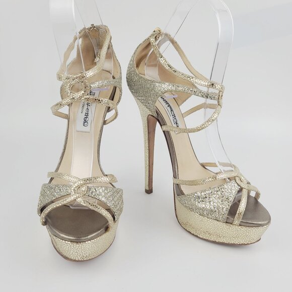 Jimmy Choo Heels Gold Silver Glitter Ankle Strap Platform Sandals Size 37.5 - Picture 7 of 8